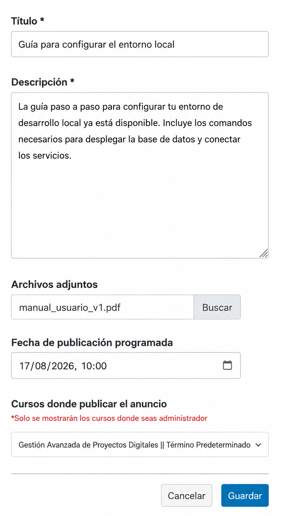 Formulario para crear un anuncio