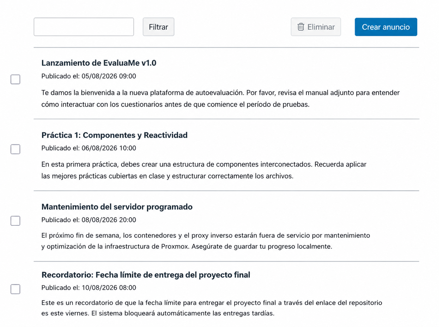 Listado de anuncios